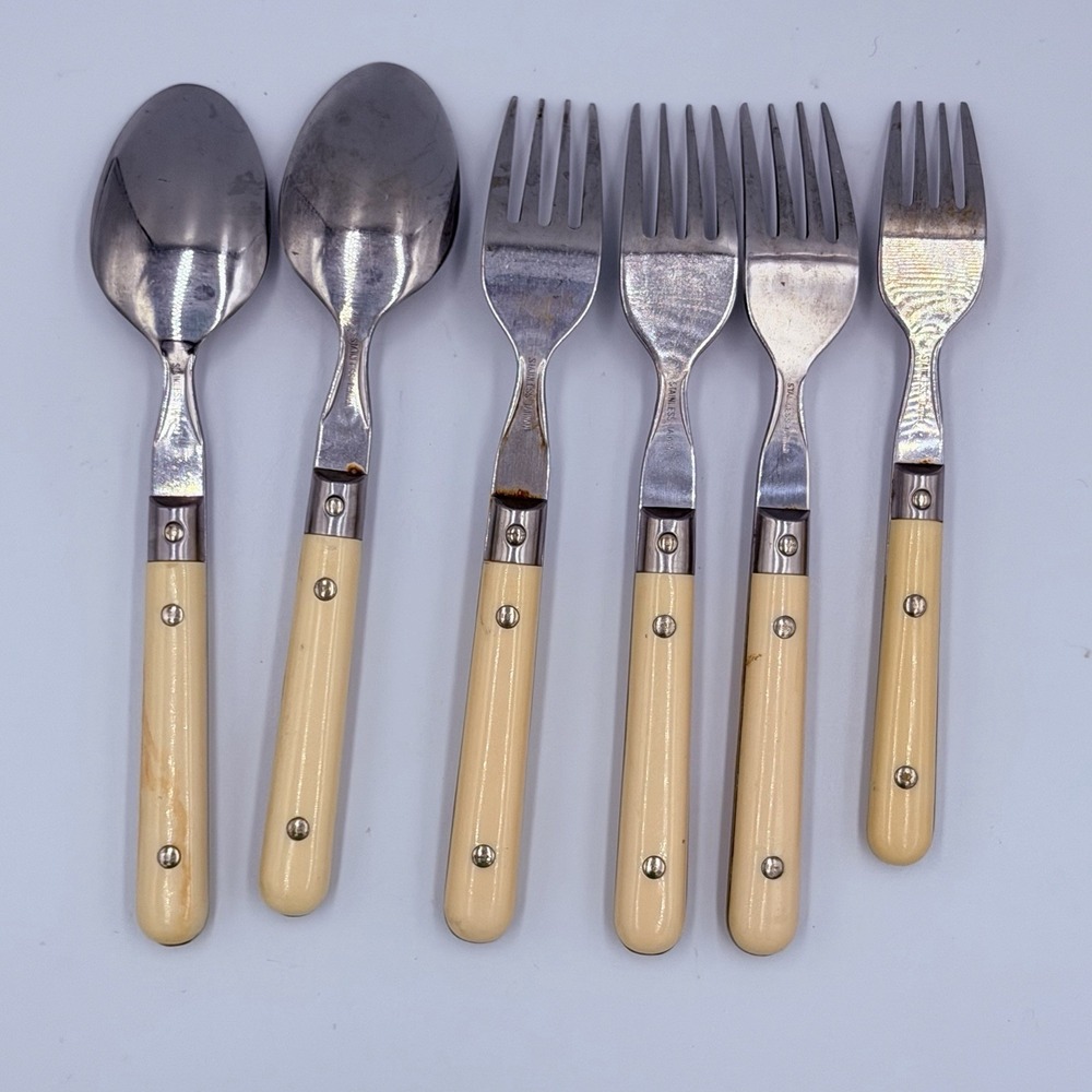 VTG Retro Cream Handle Flatware Spoons Forks Stainless Cottagecore Kitchen‎ Set - Picture 2 of 2
